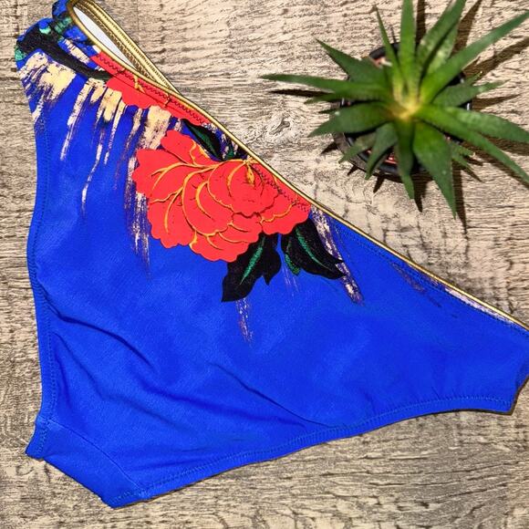 Gottex Floral Bikini Bottoms Sz 8 – Royal Blue Gold Trim Tropic Print Swimwear - Picture 4 of 4